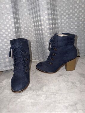 Navy Blue Suede Heel Boots